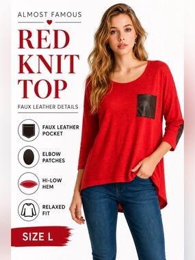 Almost Famous Red Textured Knit Tunic Top Faux Leather Pocket Hi-Low Hem L